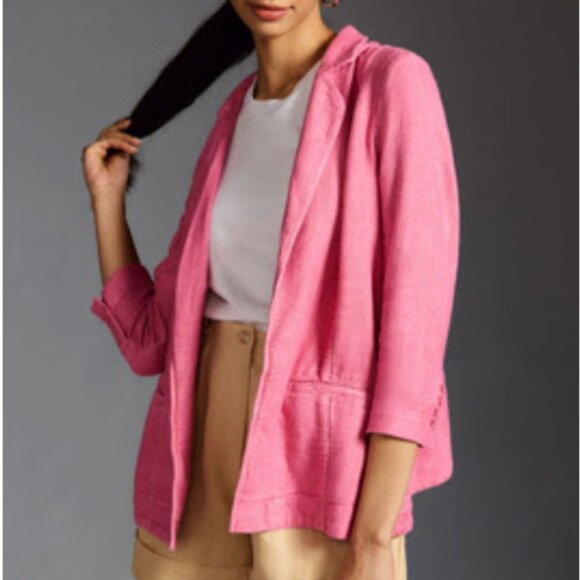 Anthropologie Tulip Hem Linen Blazer Raspberry Pink Size 10 - Picture 1 of 9